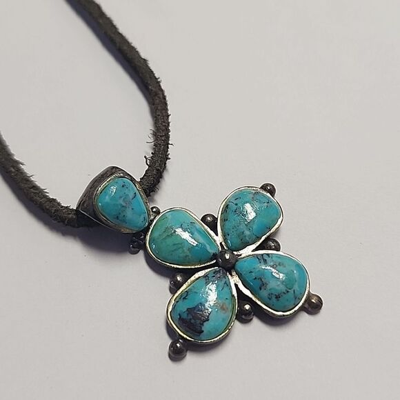 Barse Turquoise Sterling Silver 925 Pendant Necklace 16" Suede Leather Chain - Picture 2 of 5